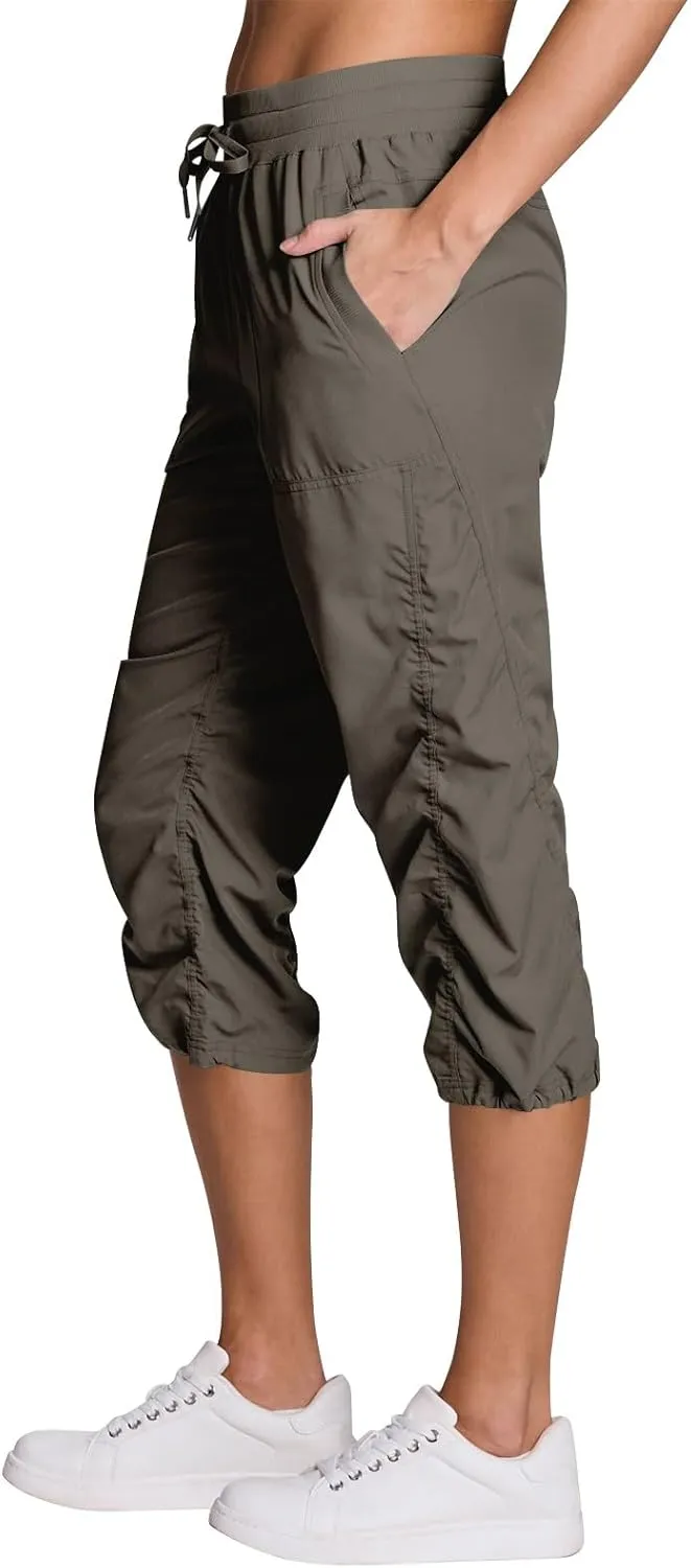 ADHOWBEW Capri Pants for Women Stretch Active Summer Drawstring Casual Hiking Outdoor Baggy Lightweight Joggers with Pockets