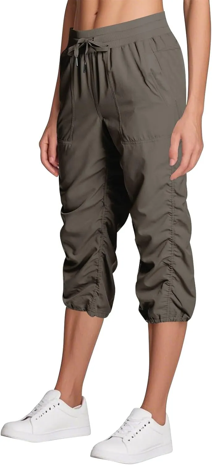 ADHOWBEW Capri Pants for Women Stretch Active Summer Drawstring Casual Hiking Outdoor Baggy Lightweight Joggers with Pockets