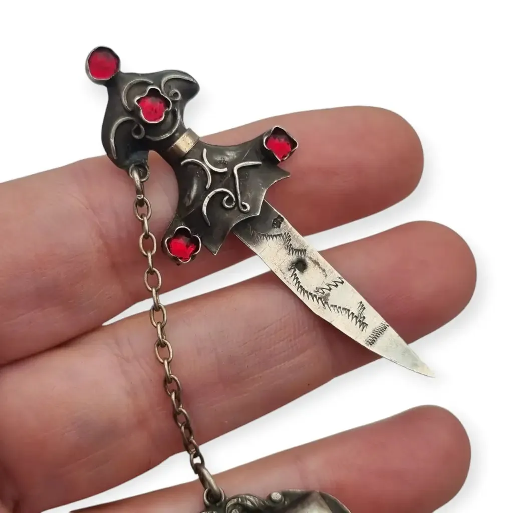 Antique silver vintage dagger sheath brooch, red rhinestones, French jewelry.