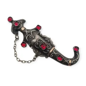 Antique silver vintage dagger sheath brooch, red rhinestones, French jewelry.