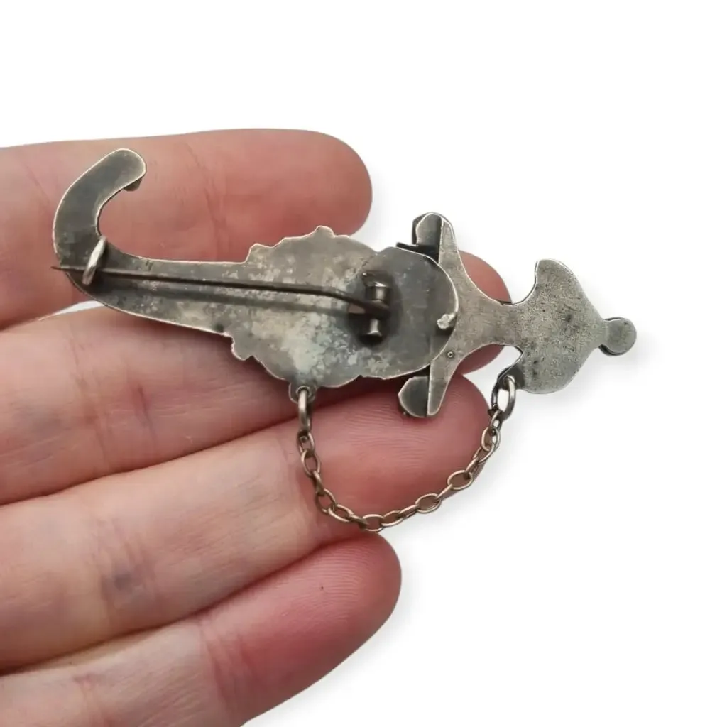 Antique silver vintage dagger sheath brooch, red rhinestones, French jewelry.