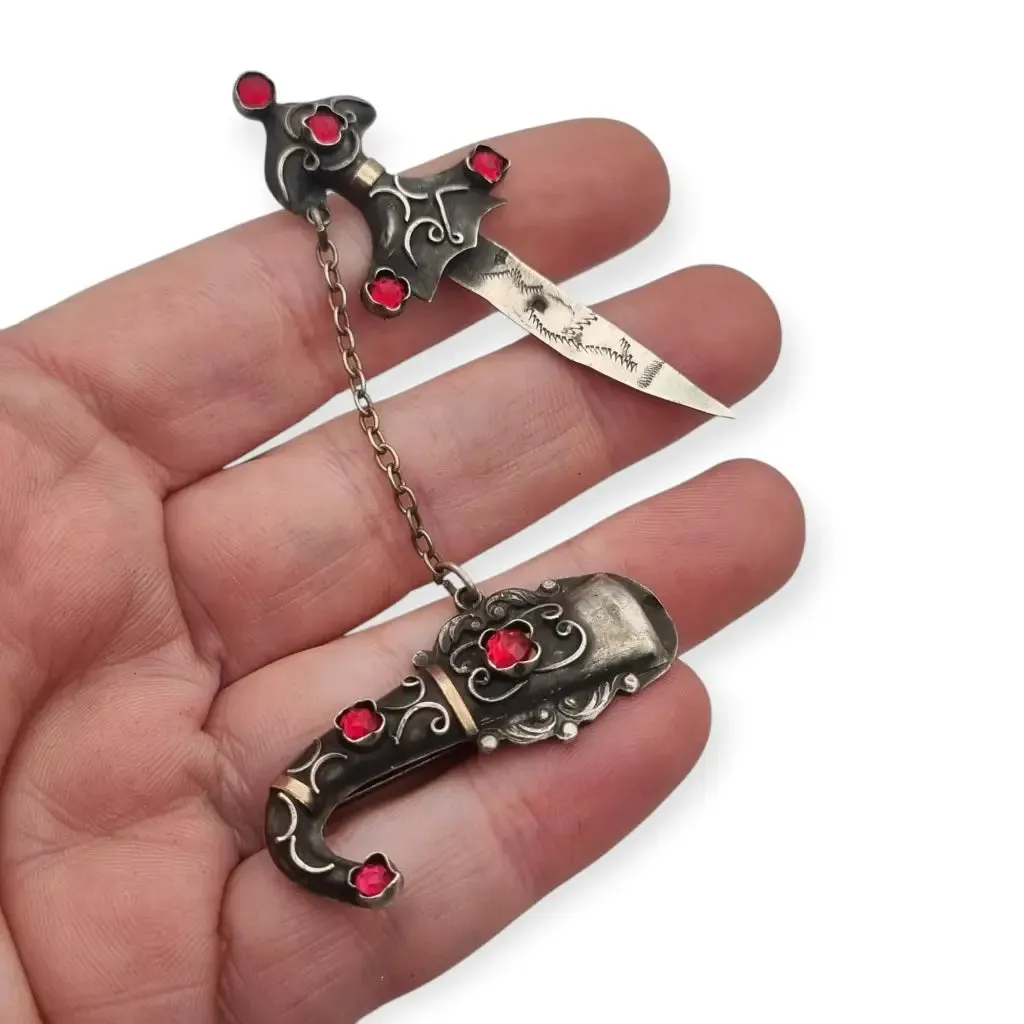 Antique silver vintage dagger sheath brooch, red rhinestones, French jewelry.
