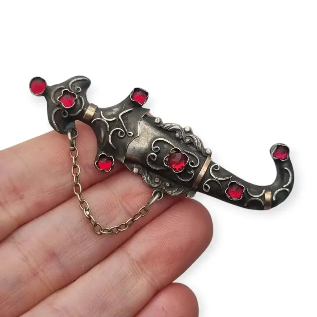 Antique silver vintage dagger sheath brooch, red rhinestones, French jewelry.