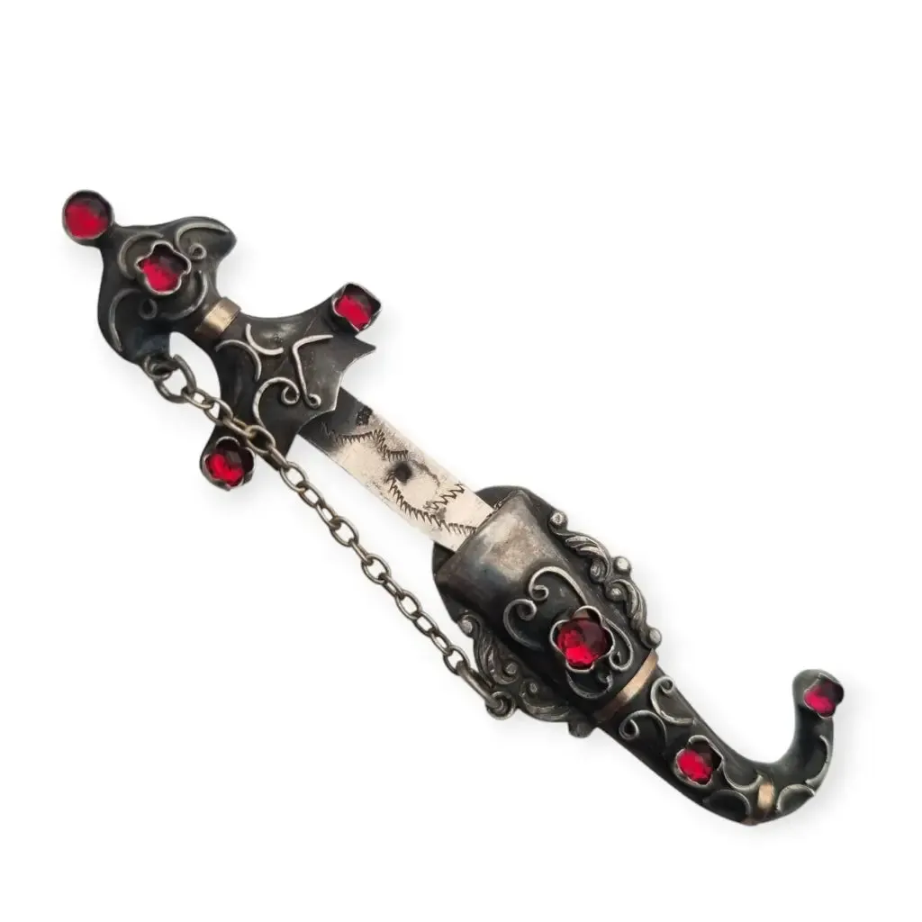Antique silver vintage dagger sheath brooch, red rhinestones, French jewelry.