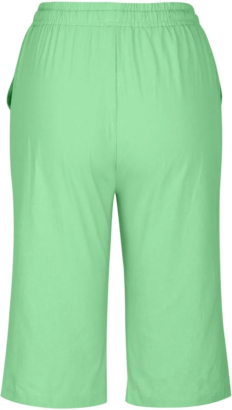 Bermuda Shorts for Women Knee Length Elastic Waist Drawstring Linen Capri Lightweight Summer Long Shorts with Pockets