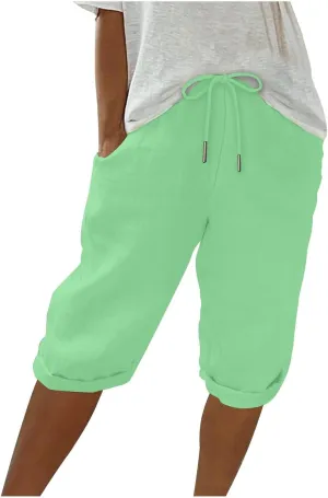 Bermuda Shorts for Women Knee Length Elastic Waist Drawstring Linen Capri Lightweight Summer Long Shorts with Pockets