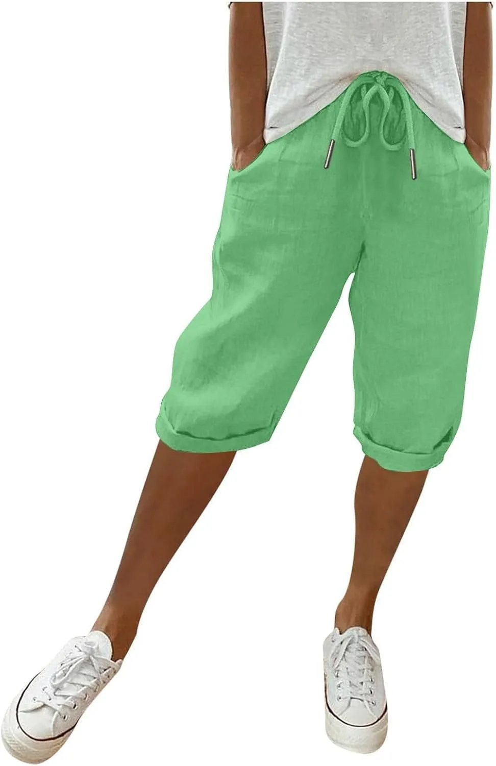 Bermuda Shorts for Women Knee Length Elastic Waist Drawstring Linen Capri Lightweight Summer Long Shorts with Pockets