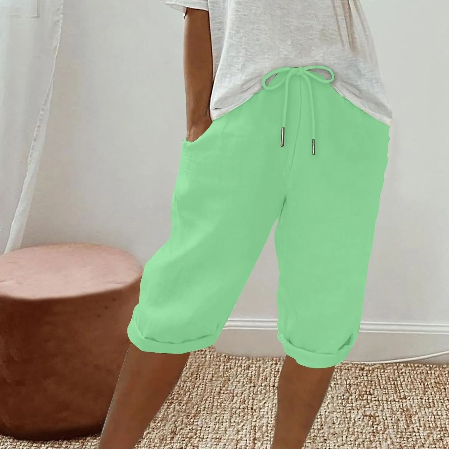 Bermuda Shorts for Women Knee Length Elastic Waist Drawstring Linen Capri Lightweight Summer Long Shorts with Pockets