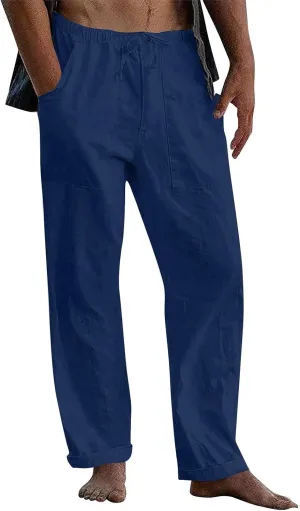 Cdiecer Cotton Linen Pants Men Summer Beach Pants Loose Fit with Elastic Waist Drawstring Pants Lightweight Wide Leg Pant