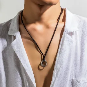 Colar Masculino de Corda Longa Ajustável com Pingente de Anel