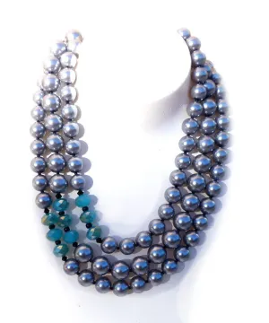 Collier de perles 3 rangs style Jackie - Gris et cristaux aqua - FlotB