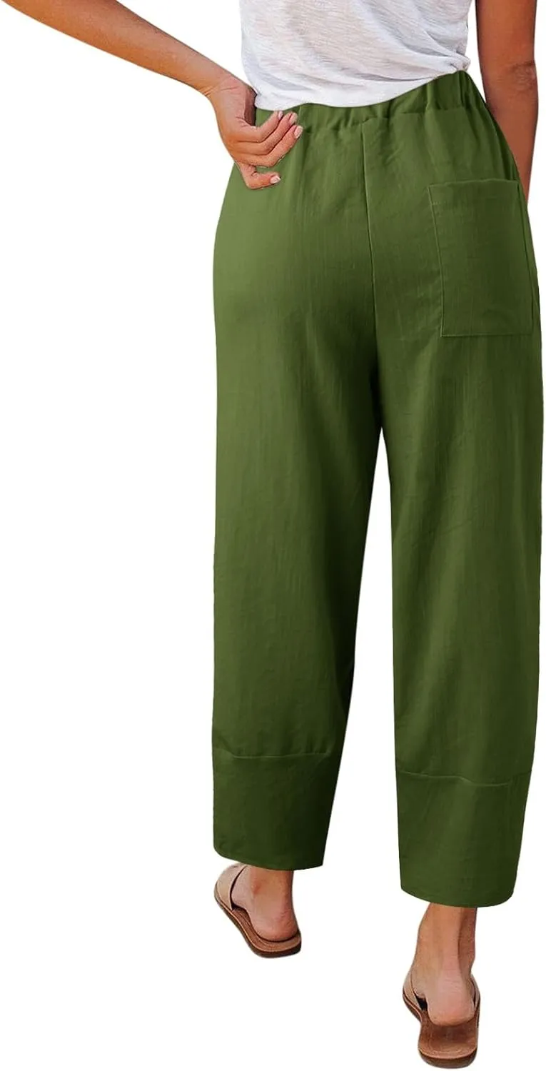 Cotton Linen Pants for Women Summer 2025 Casual Capri Pants with Pockets Cropped High Waisted Loose Fit Trousers