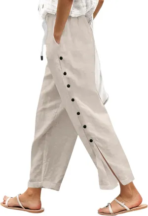 Elastic Waist Pants for Women Solid Color Functional Side Snaps Button Detail Loose Fit Casual Lounge Palazzo Pants