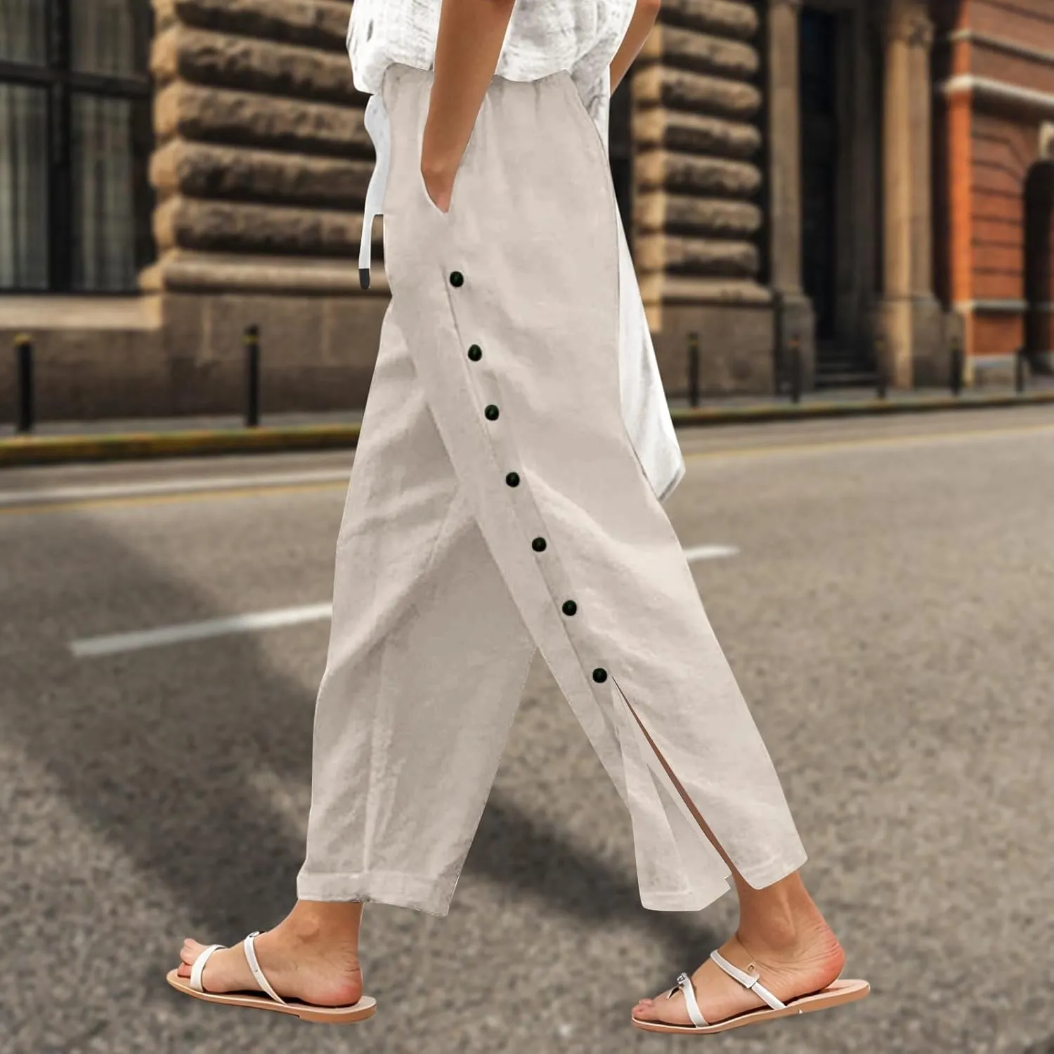 Elastic Waist Pants for Women Solid Color Functional Side Snaps Button Detail Loose Fit Casual Lounge Palazzo Pants
