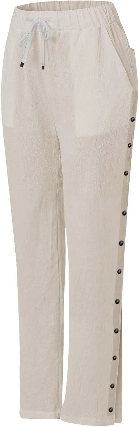 Elastic Waist Pants for Women Solid Color Functional Side Snaps Button Detail Loose Fit Casual Lounge Palazzo Pants