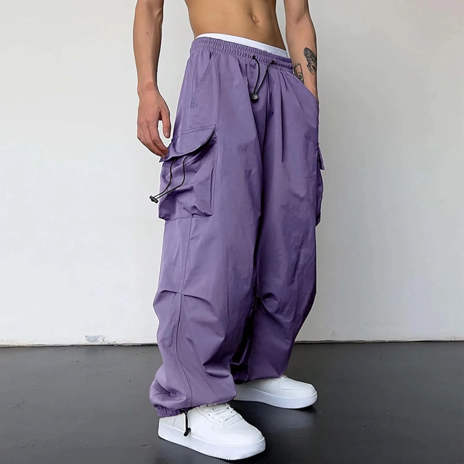 Mens Baggy Cargo Pants Trendy Casual Parachute Pants Loose Fit Harem Joggers for Streetwear Y2k Clothes with Pockets