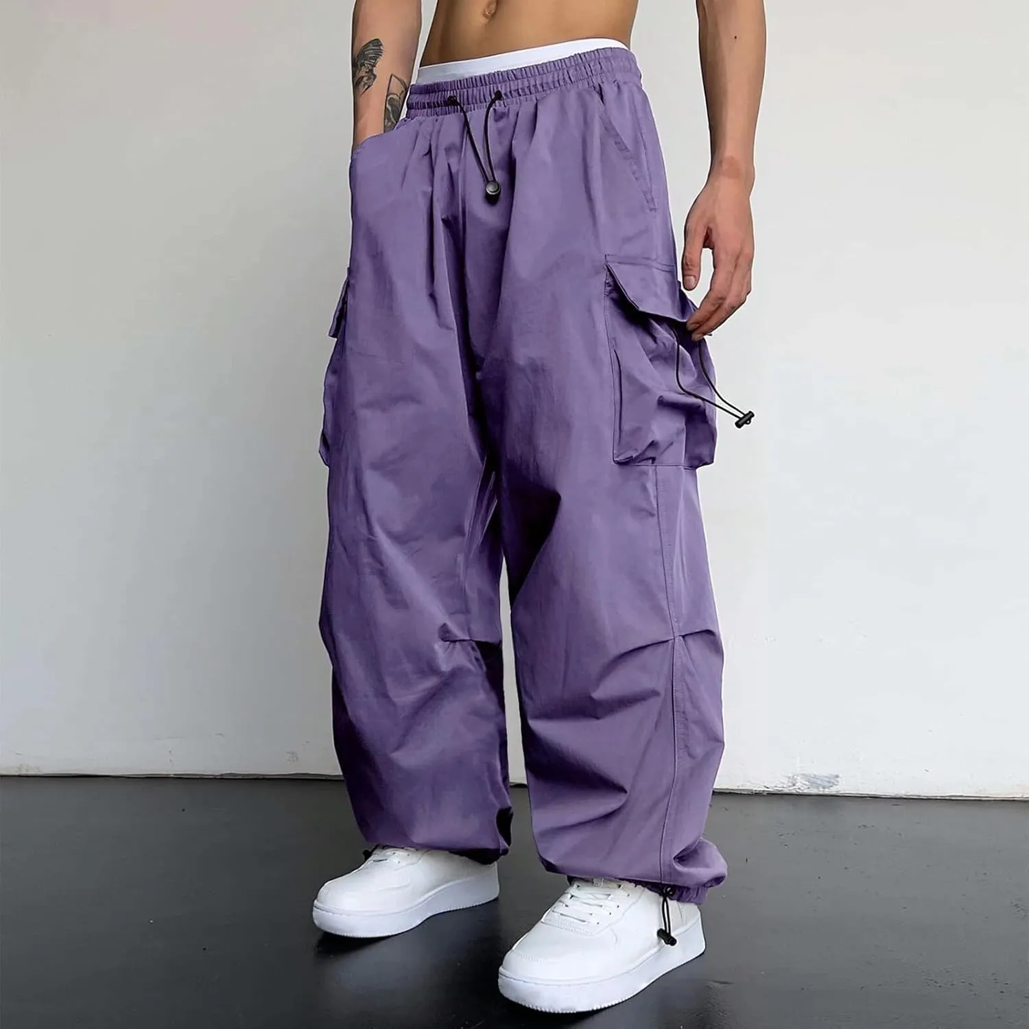 Mens Baggy Cargo Pants Trendy Casual Parachute Pants Loose Fit Harem Joggers for Streetwear Y2k Clothes with Pockets