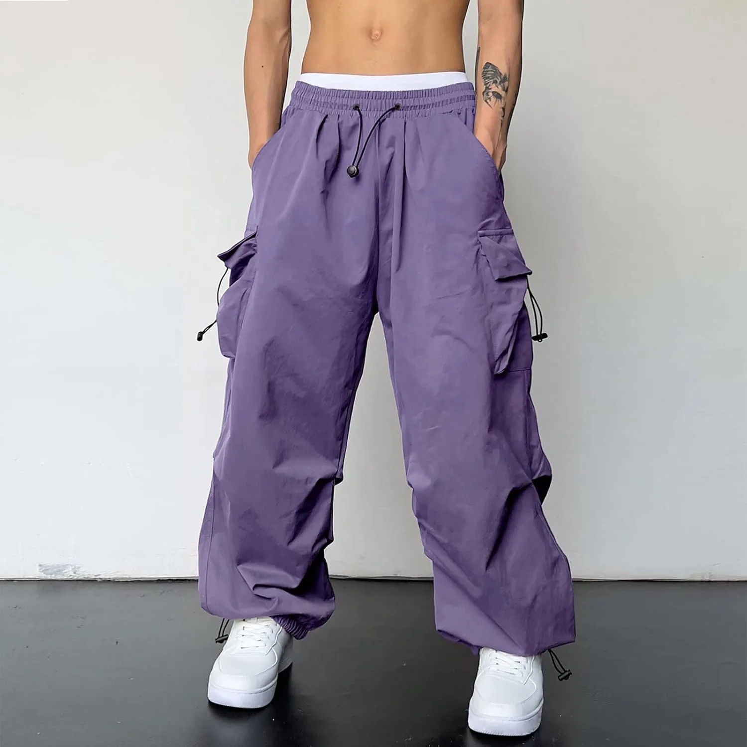 Mens Baggy Cargo Pants Trendy Casual Parachute Pants Loose Fit Harem Joggers for Streetwear Y2k Clothes with Pockets