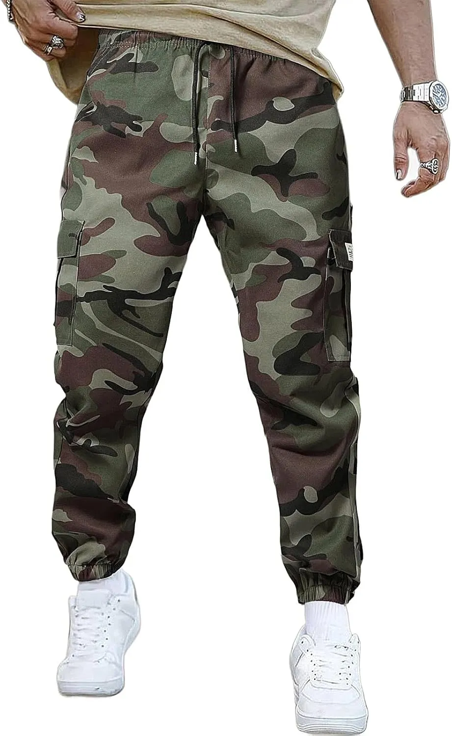 Men's Casual Cargo Joggers Drawstring Straight Leg Breathable Camo Pants Workout Loose Fit Twill Jogging Sweatpants