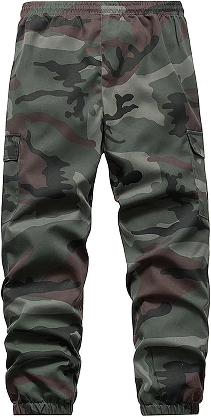 Men's Casual Cargo Joggers Drawstring Straight Leg Breathable Camo Pants Workout Loose Fit Twill Jogging Sweatpants