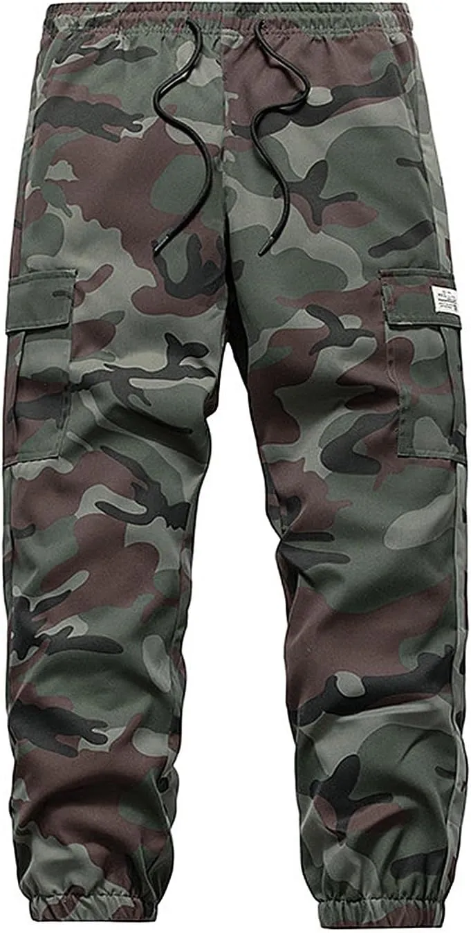Men's Casual Cargo Joggers Drawstring Straight Leg Breathable Camo Pants Workout Loose Fit Twill Jogging Sweatpants