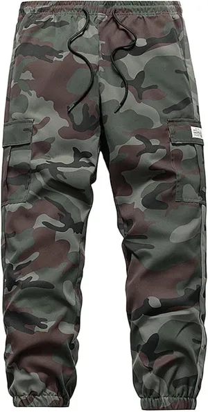 Men's Casual Cargo Joggers Drawstring Straight Leg Breathable Camo Pants Workout Loose Fit Twill Jogging Sweatpants