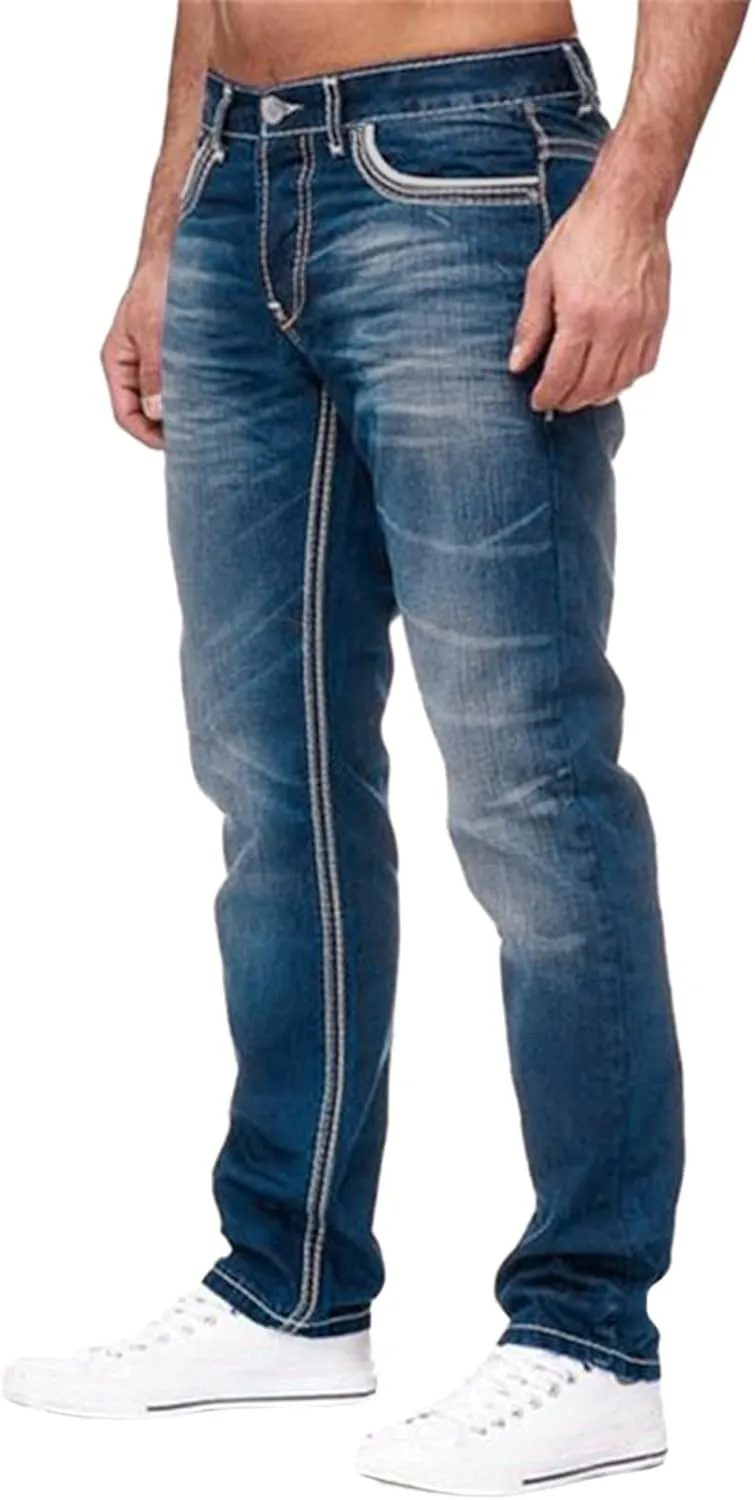 Mens Straight Leg Slim Fit Jeans Casual Bodybuilding Sports Durable Denim Pants for Men Lightweight Wear to Work Pencil Pants