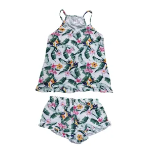 Pijama blanca con flores verdes multicolor