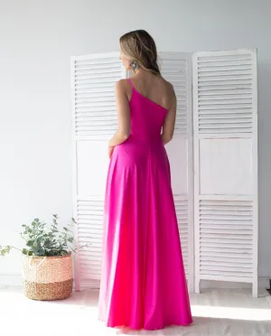 Vestido Largo de Fiesta Loreto Asimetrico Fucsia Electrico