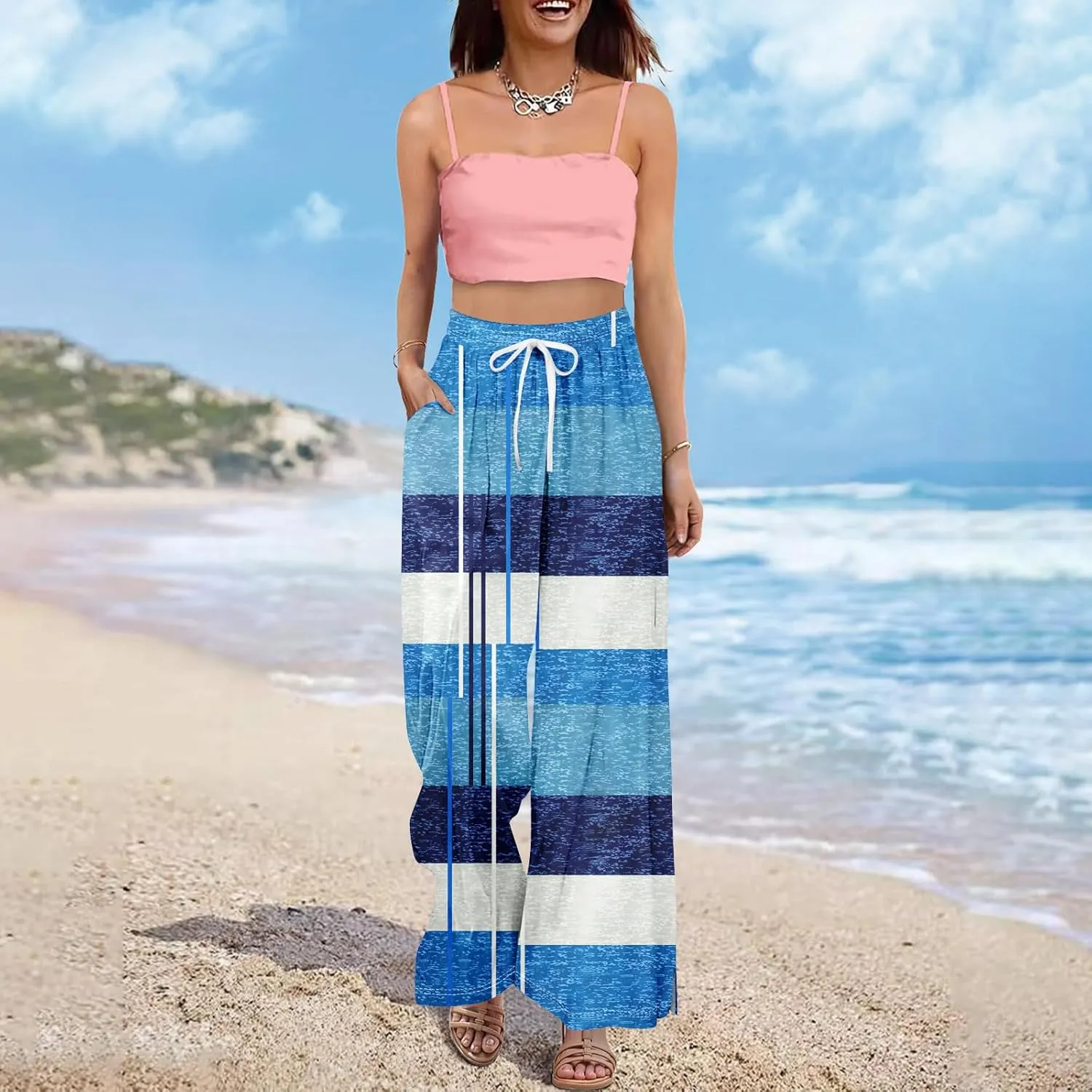 Wide Leg Loung Pants for Women Lightweight Bohemian Print Baggy Summer Pants Loose Fit Fashion Trousers