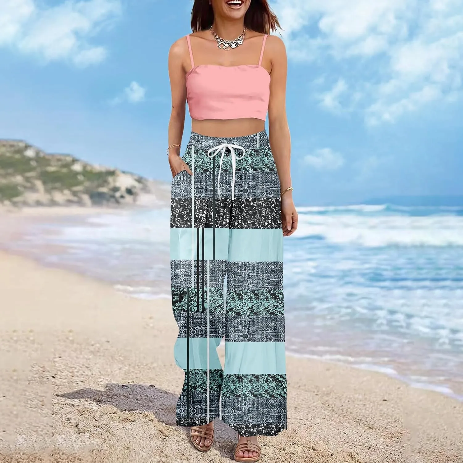Wide Leg Loung Pants for Women Lightweight Bohemian Print Baggy Summer Pants Loose Fit Fashion Trousers