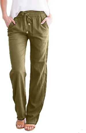 Women's Casual Cotton Linen Pants Fashion Drawstring Lightweight Summer Relax Fit Straight Leg Lounge Trouser