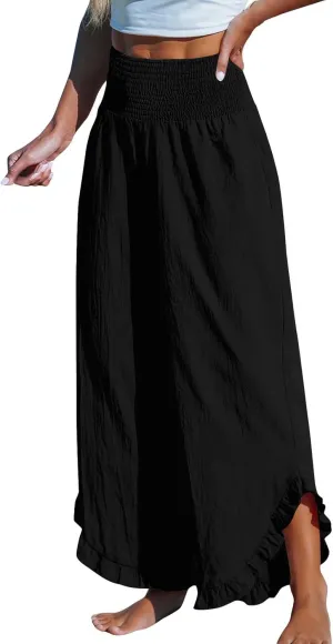 Women's Cotton Linen Pants,Summer Wide Leg Casual Elastic Drawstring High Waist Palazzo Pants with Pockets