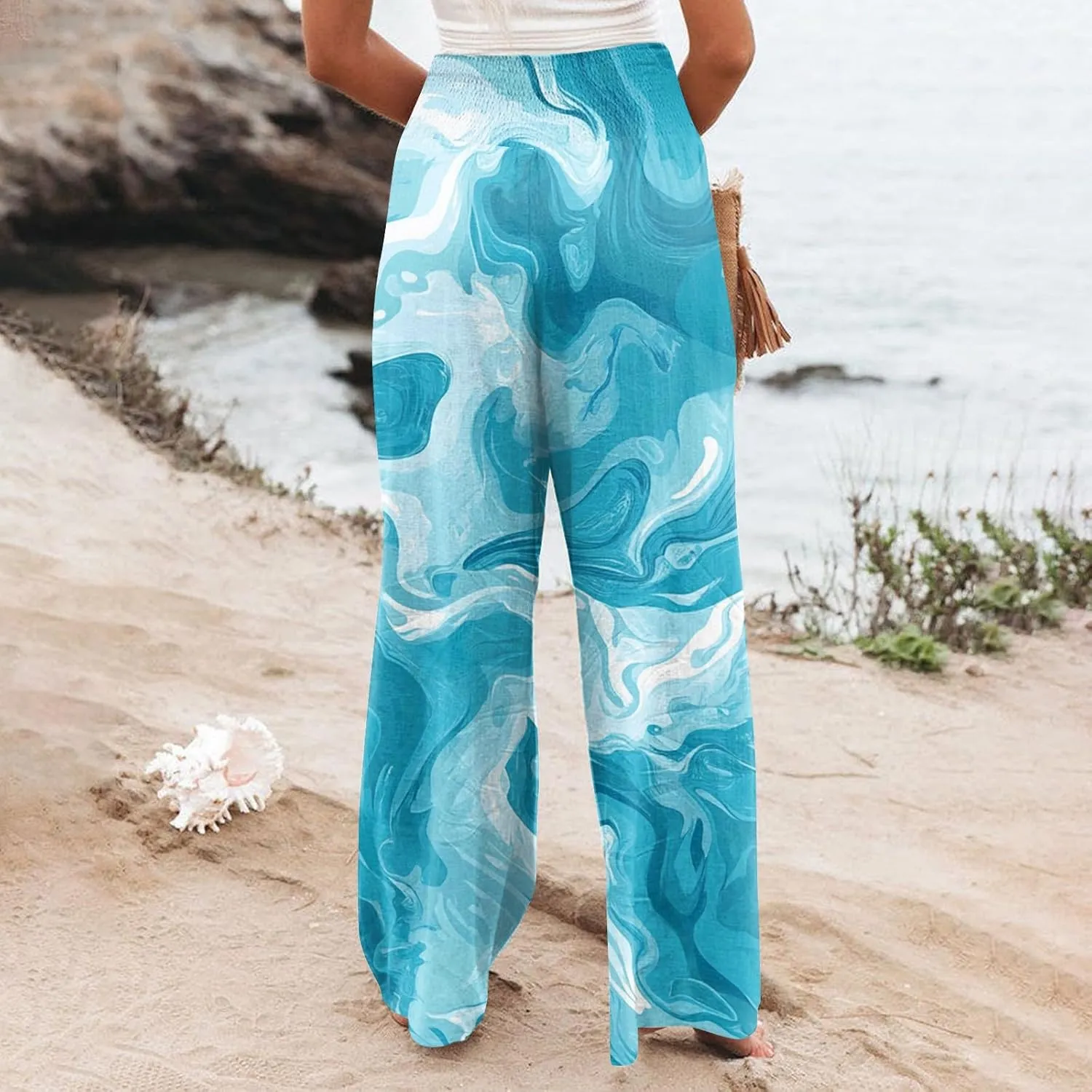 Womens Elastic High Waisted Palazzo Pants Floral Casual Wide Leg Long Lounge Pant Boho Trousers with Pocket