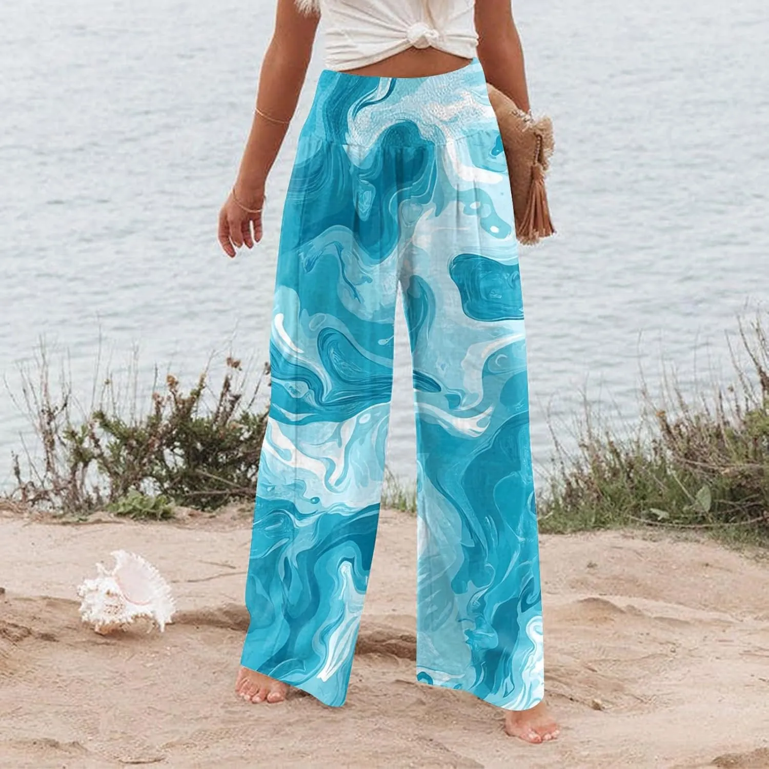 Womens Elastic High Waisted Palazzo Pants Floral Casual Wide Leg Long Lounge Pant Boho Trousers with Pocket