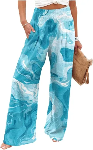 Womens Elastic High Waisted Palazzo Pants Floral Casual Wide Leg Long Lounge Pant Boho Trousers with Pocket
