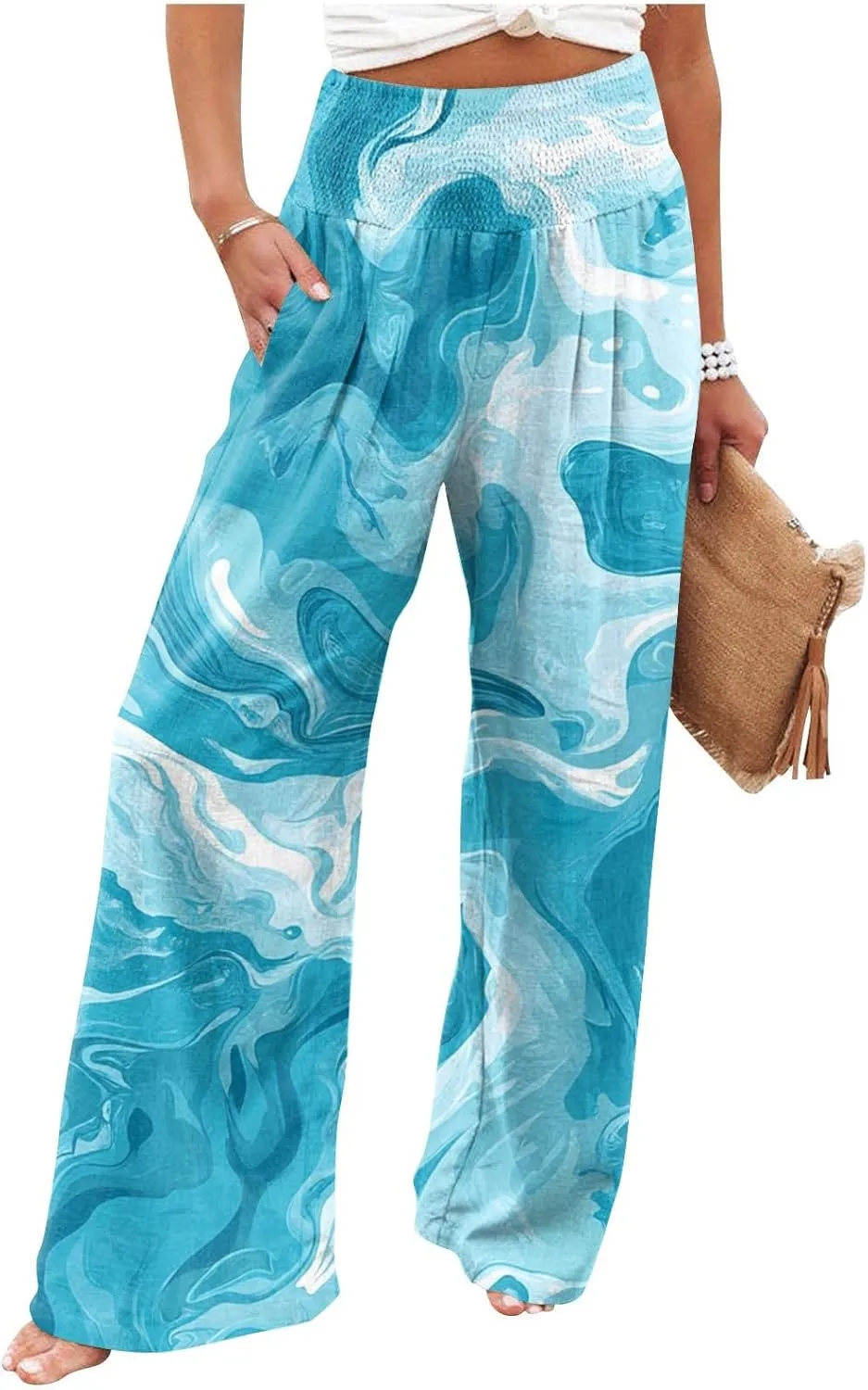 Womens Elastic High Waisted Palazzo Pants Floral Casual Wide Leg Long Lounge Pant Boho Trousers with Pocket