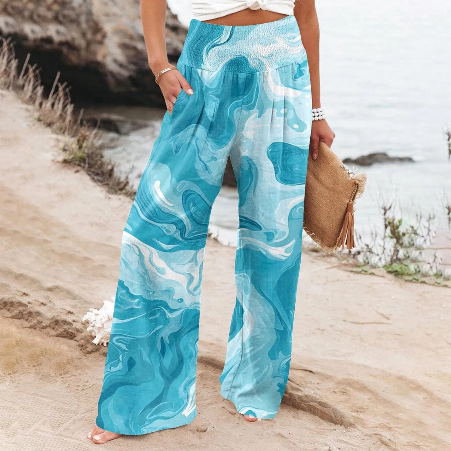 Womens Elastic High Waisted Palazzo Pants Floral Casual Wide Leg Long Lounge Pant Boho Trousers with Pocket