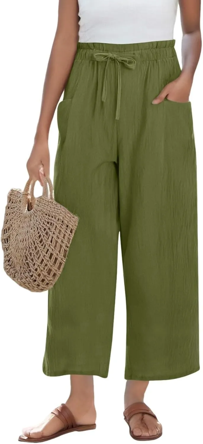 Womens Linen Pants 2025 High Waist Elastic Straight Leg Pant Casual Loose Lightweight Summer Beach Trousers