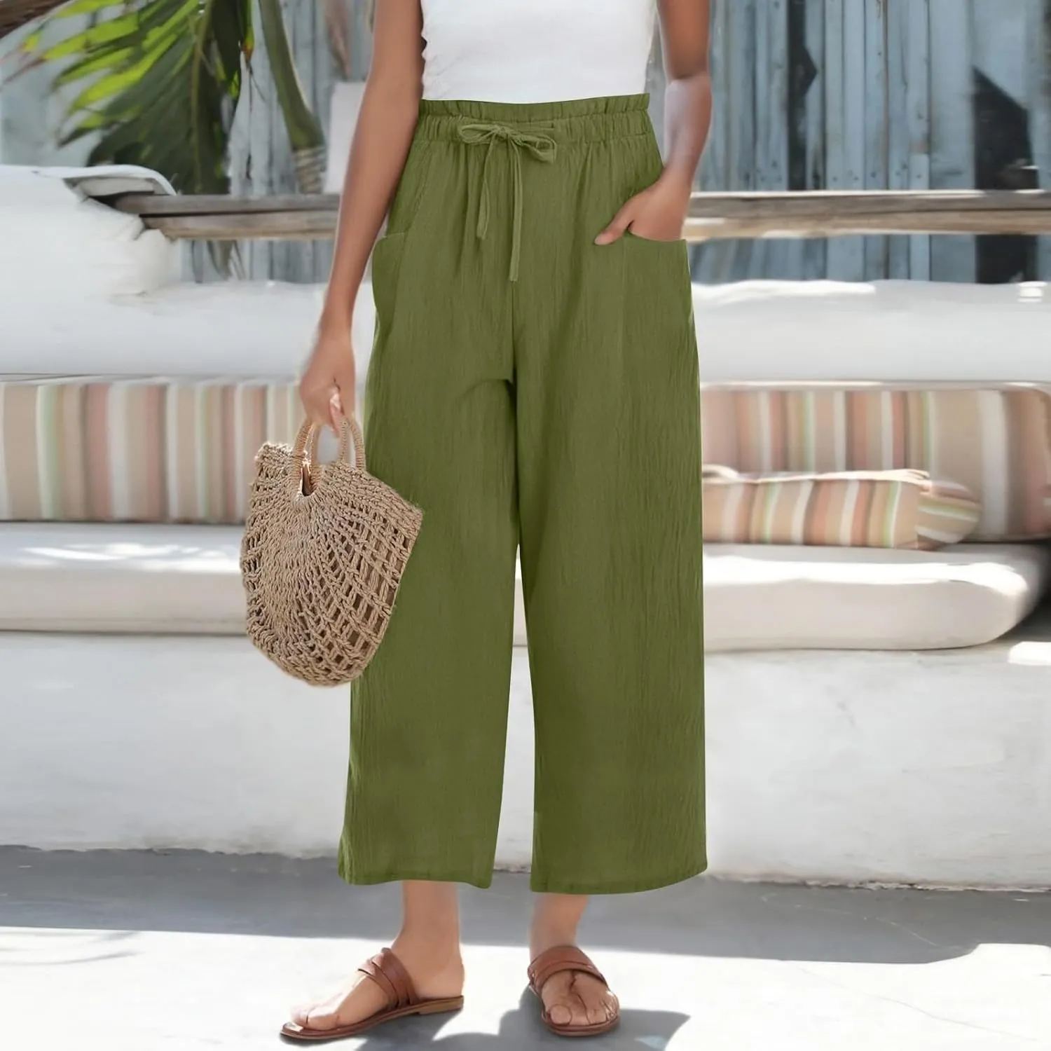 Womens Linen Pants 2025 High Waist Elastic Straight Leg Pant Casual Loose Lightweight Summer Beach Trousers