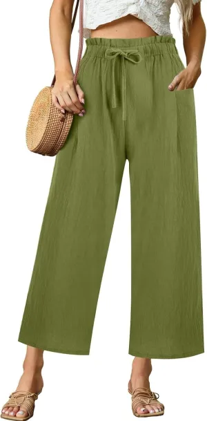 Womens Linen Pants 2025 High Waist Elastic Straight Leg Pant Casual Loose Lightweight Summer Beach Trousers