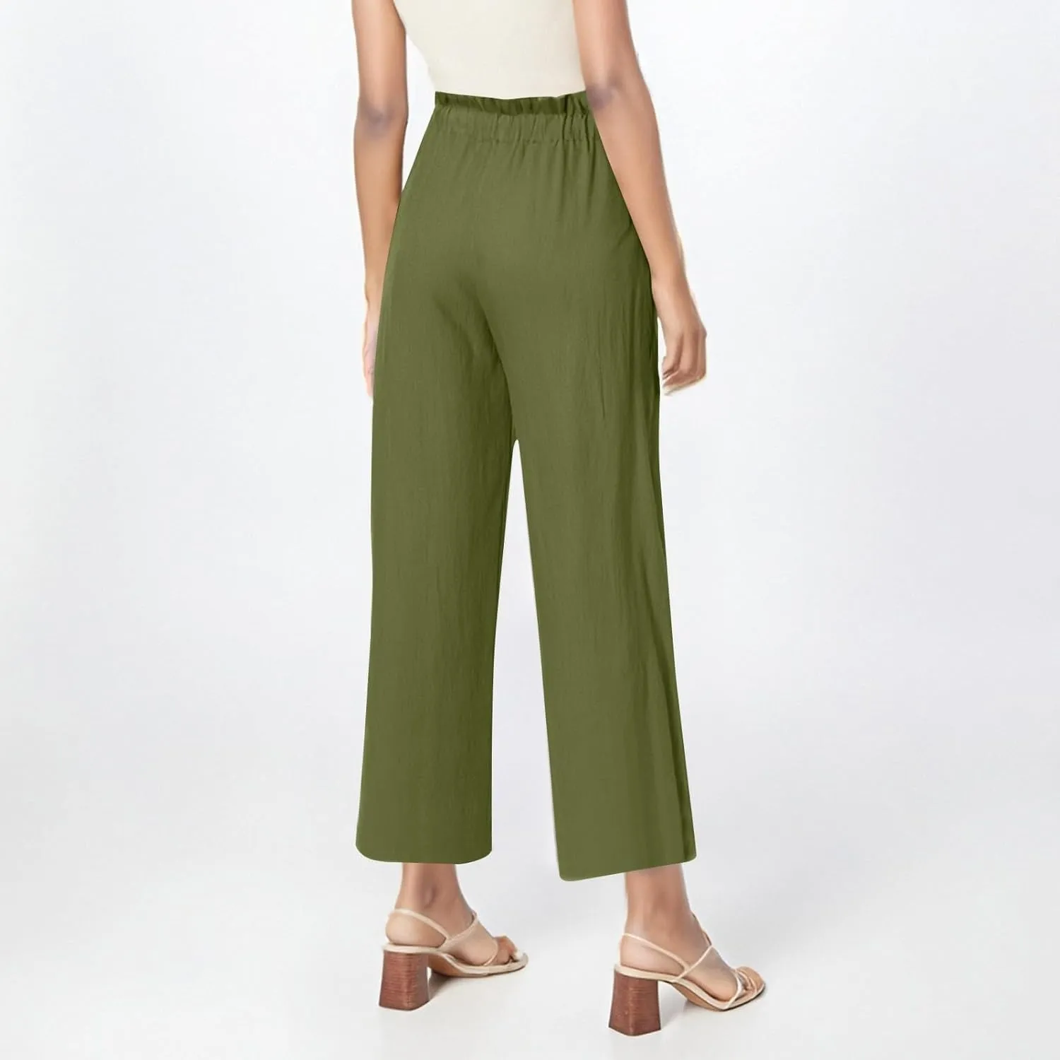 Womens Linen Pants 2025 High Waist Elastic Straight Leg Pant Casual Loose Lightweight Summer Beach Trousers
